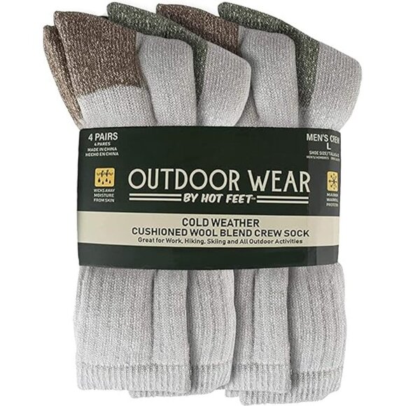 OUTDOOR WEAR BY GOT FEET Men's 4Pack Cushioned Wool Blend Crew Sock Size L - Picture 1 of 8